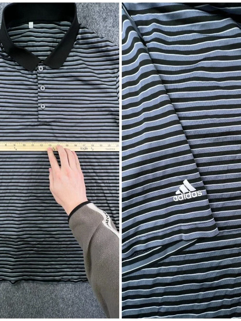 Adidas Men's Polo Shirt XL White Gray Black Striped Short Sleeve Polyester